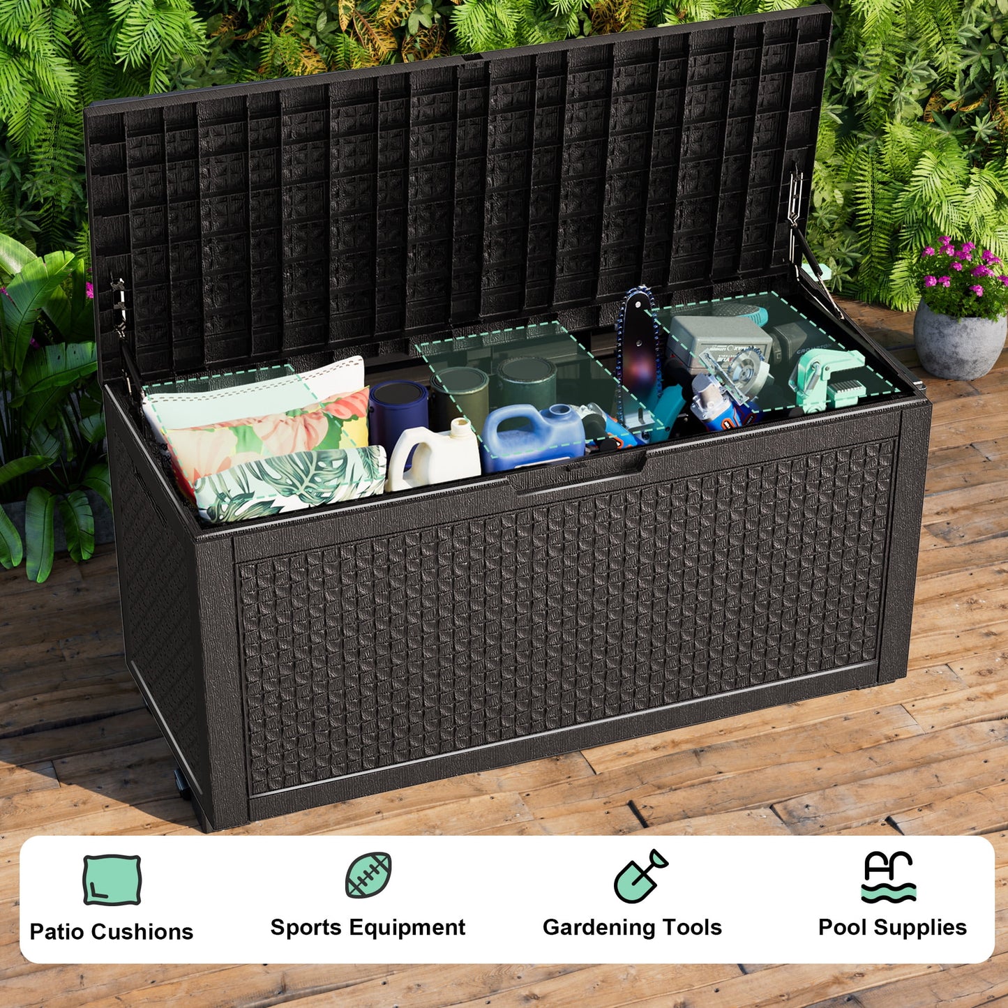 EasyUp 100 Gallon Resin Deck Box, Lockable Patio Outdoor Storage Box for Furniture, Garden Tools and Tools Storage, Waterproof Outside Storage Boxes