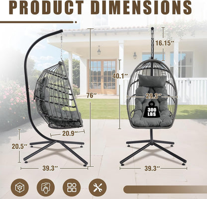 Egg Chair with Stand, Outdoor Hanging Swing Chairs, Indoor Hammock Egg Chair with Removable Cushion and Pillows, Patio Wicker Porch Swings 300LBS Capacity for Garden, Lawn (Grey, Single)