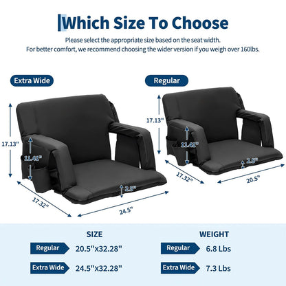 Danolapsi 2 Pack Wide Bleacher Seats with Back Support, 6-Position Reclining Stadium Chairs with Adjustable Armrests, Cup Holder & Pockets, Portable Folding Chairs for Sports, Concerts