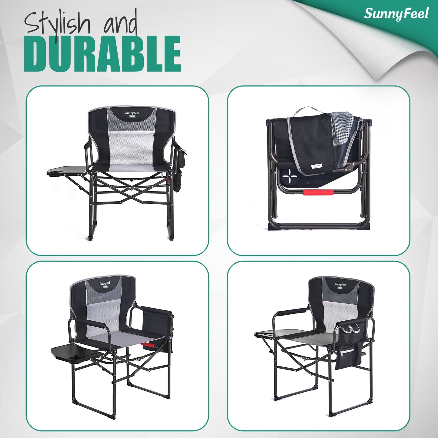 Sunnyfeel Camping Directors Chair, Heavy Duty, Oversized Portable Folding Chair with Side Table, Pocket for Beach, Fishing, Trip, Picnic, Lawn, Concert Outdoor Foldable Camp Chairs