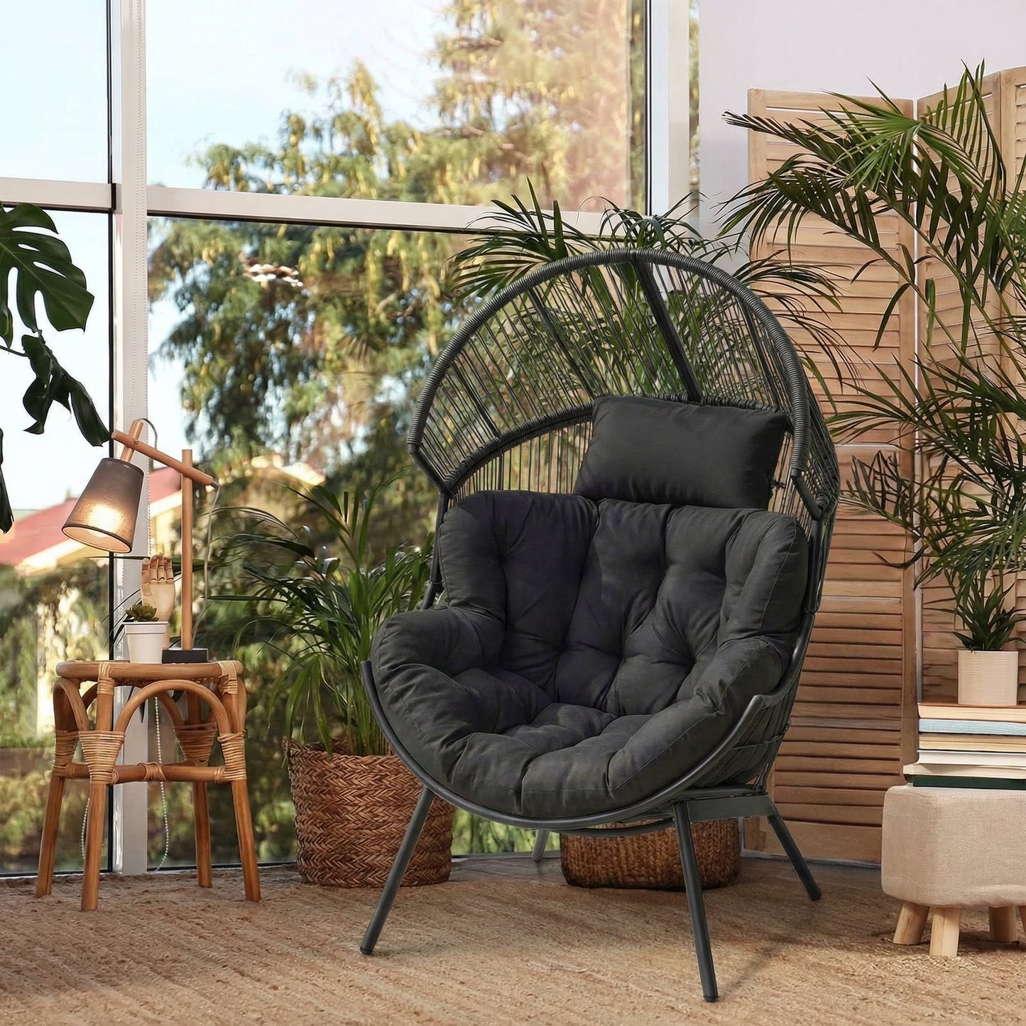 Dovov Oversized Egg Chair with Thick Cushion, Wicker Lounge Chair Rattan Patio Chair Indoor Outdoor Patio Lounger Basket Chair w/ Steel Frame, 500lbs Capacity, Gray