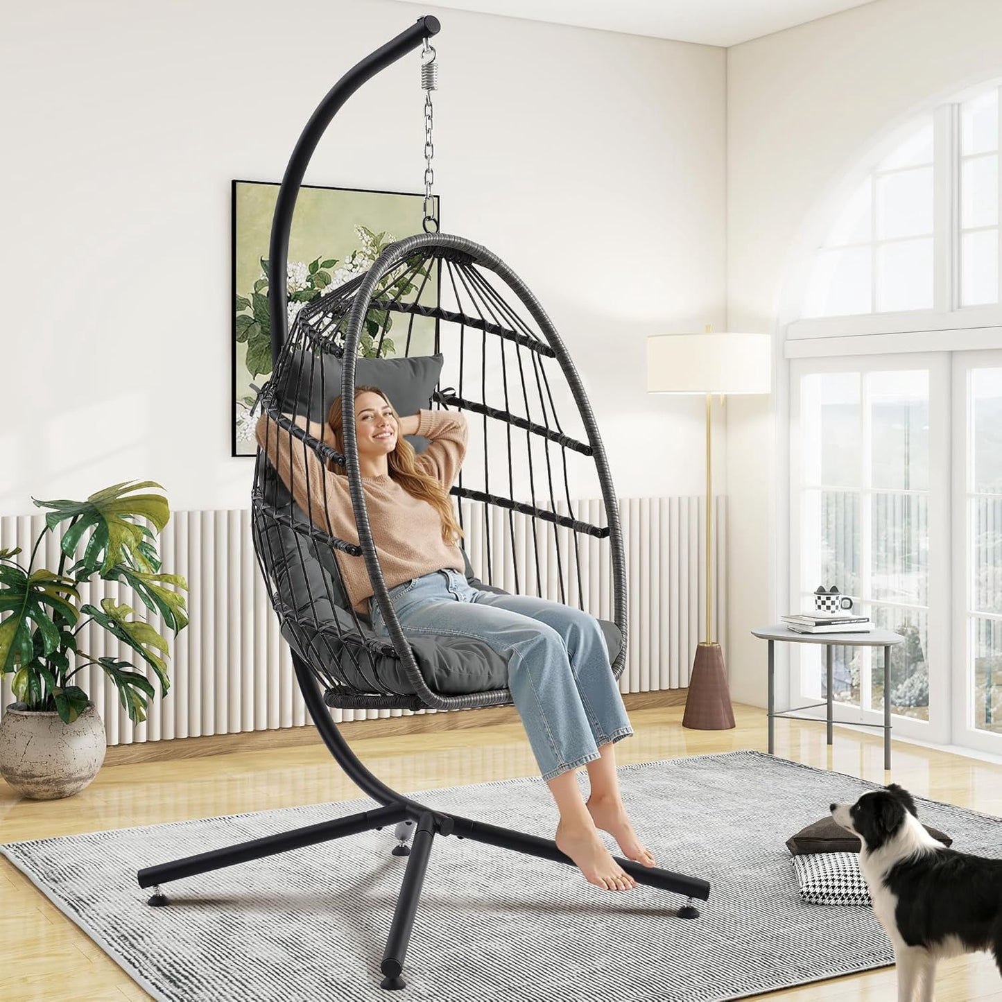 Egg Chair with Stand, Outdoor Hanging Swing Chairs, Indoor Hammock Egg Chair with Removable Cushion and Pillows, Patio Wicker Porch Swings 300LBS Capacity for Garden, Lawn (Grey, Single)