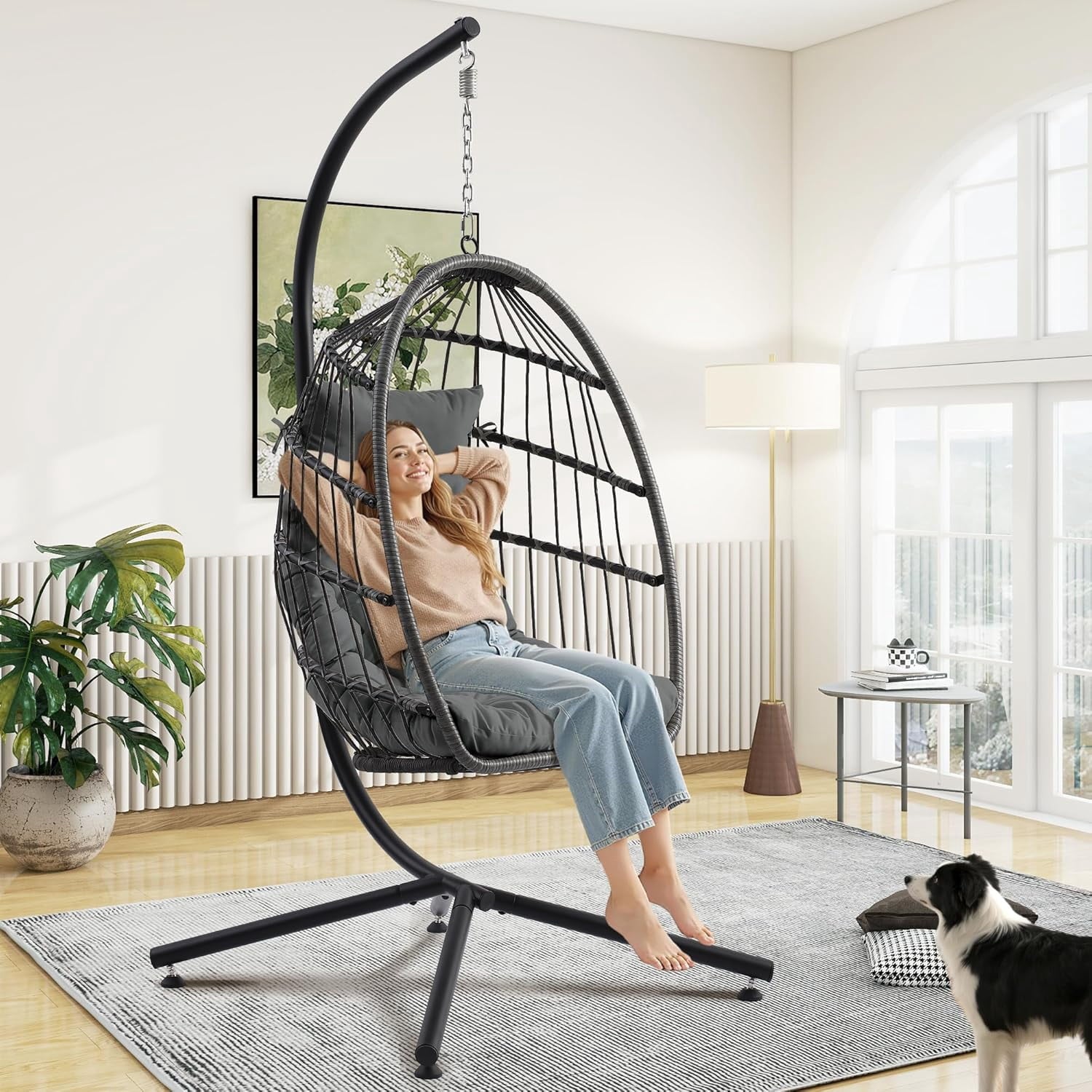 Egg Chair with Stand, Outdoor Hanging Swing Chairs, Indoor Hammock Egg Chair with Removable Cushion and Pillows, Patio Wicker Porch Swings 300LBS Capacity for Garden, Lawn (Grey, Single)