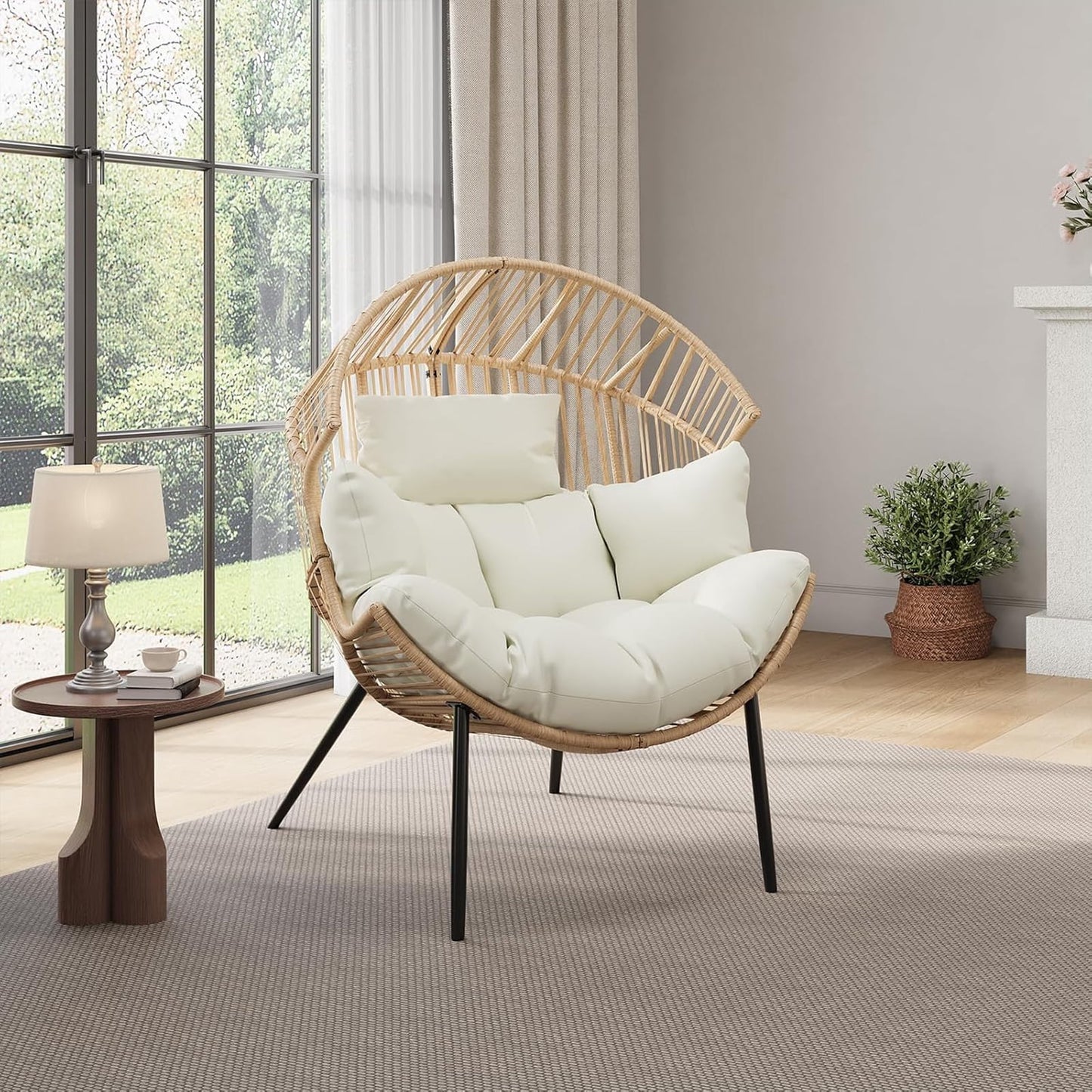 CazToi Indoor Outdoor Wicker Egg Chair, Oversized Lounge Rocker, Rattan Patio Lounge Chair with Pillow & Cushion