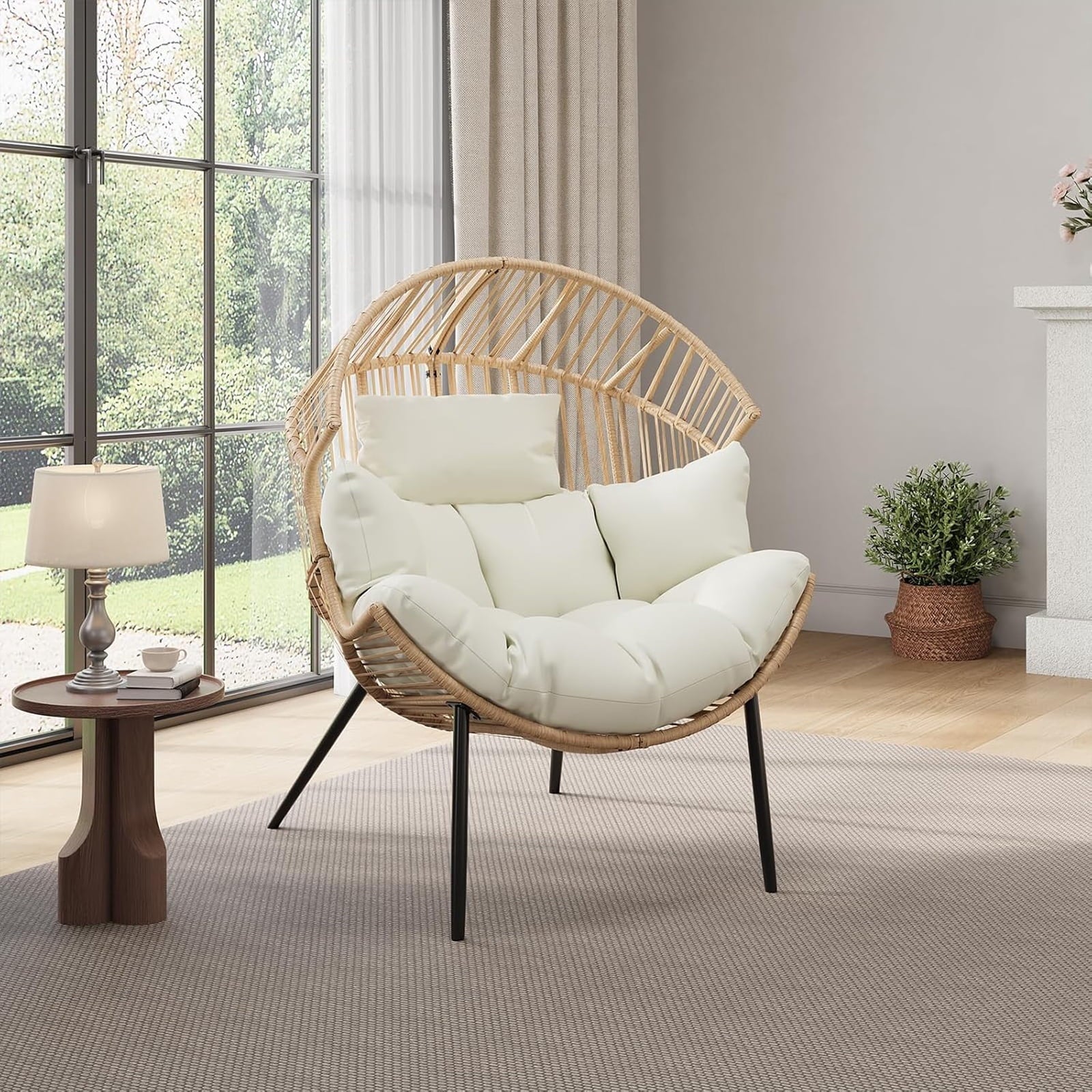 CazToi Indoor Outdoor Wicker Egg Chair, Oversized Lounge Rocker, Rattan Patio Lounge Chair with Pillow & Cushion