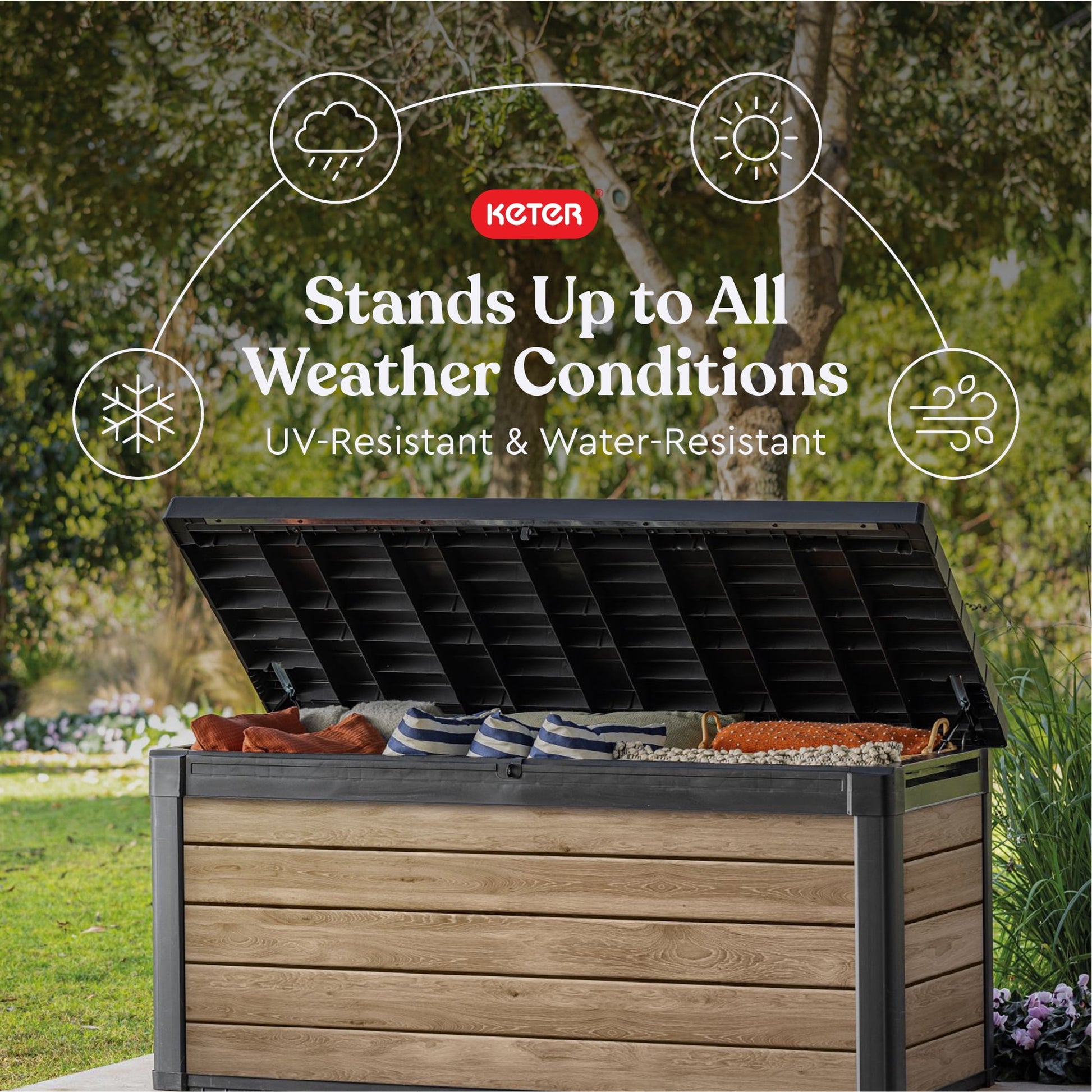 Keter Signature 150 Gallon Durable Weatherproof Resin Deck Box Organization and Storage for Outdoor Patio and Lawn, Ashwood
