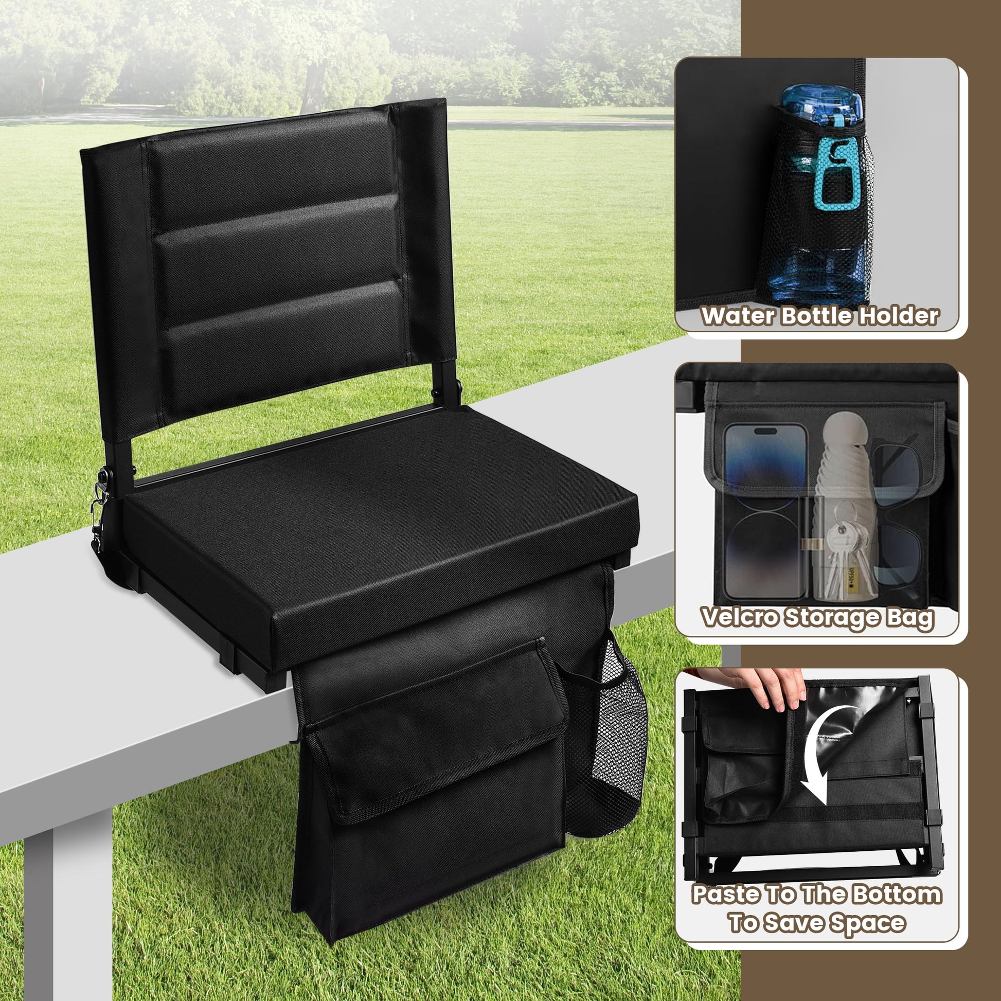 OUTMASTER Stadium Seat for Bleacher with Backrest. Portable for Good for Bleachers, Camping (Black)