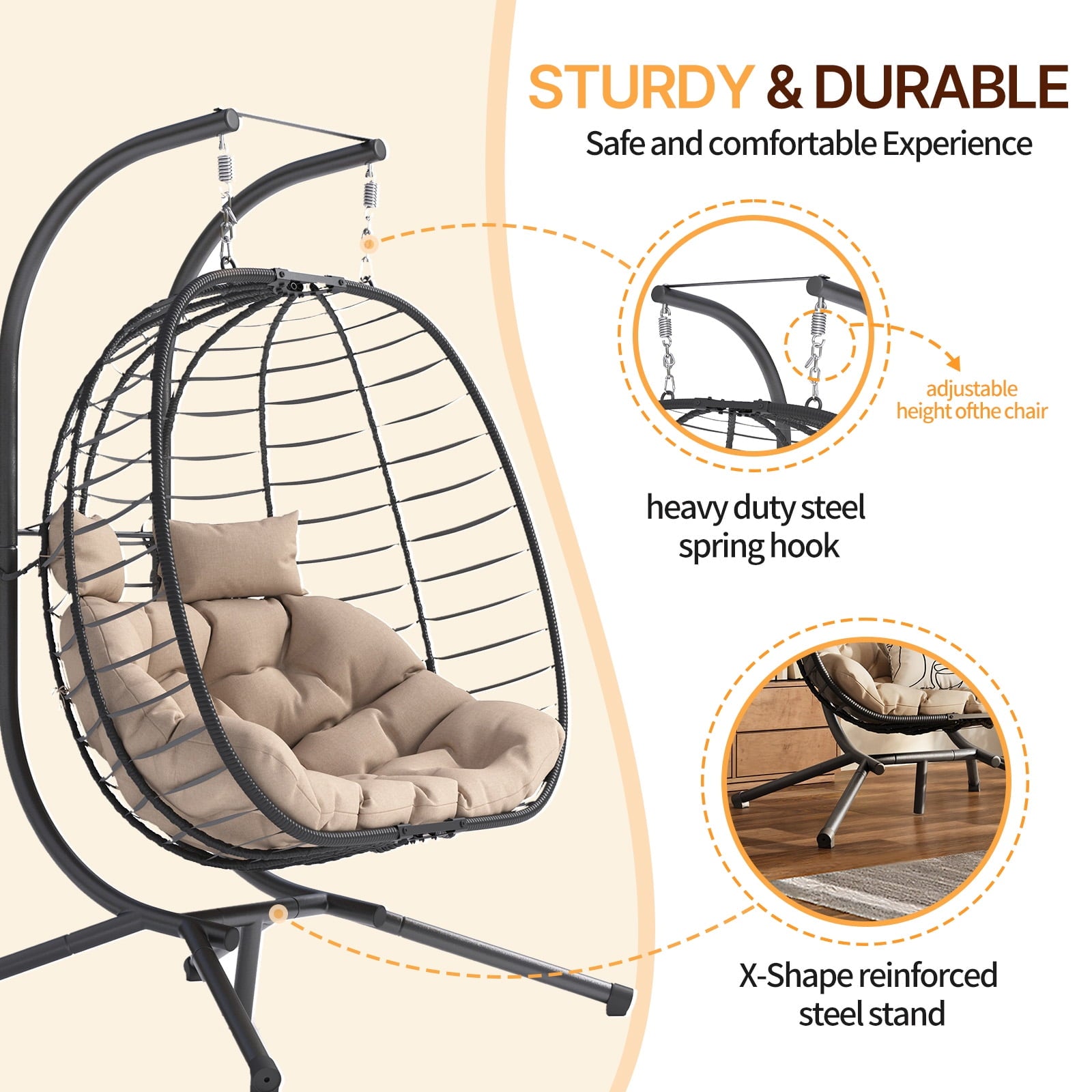 ELPOSUN Double Wicker Swing Egg Chair 2 Person Foldable Hanging Egg Chair with Stand, Porch Swing Loveseat for Patio, Balcony, Porch, Indoor, Outdoor, Black/Beige