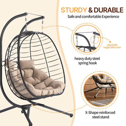 ELPOSUN Double Wicker Swing Egg Chair 2 Person Foldable Hanging Egg Chair with Stand, Porch Swing Loveseat for Patio, Balcony, Porch, Indoor, Outdoor, Black/Beige