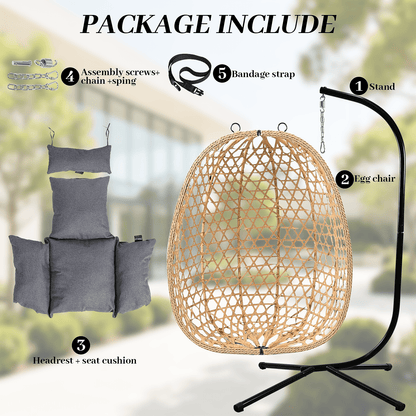 AstrPthylx Hanging Egg Chair with Stand - All-Weather Rattan Swing Chair & Cushions for Patio, Balcony, Garden, 350lb Capacity (Grey)
