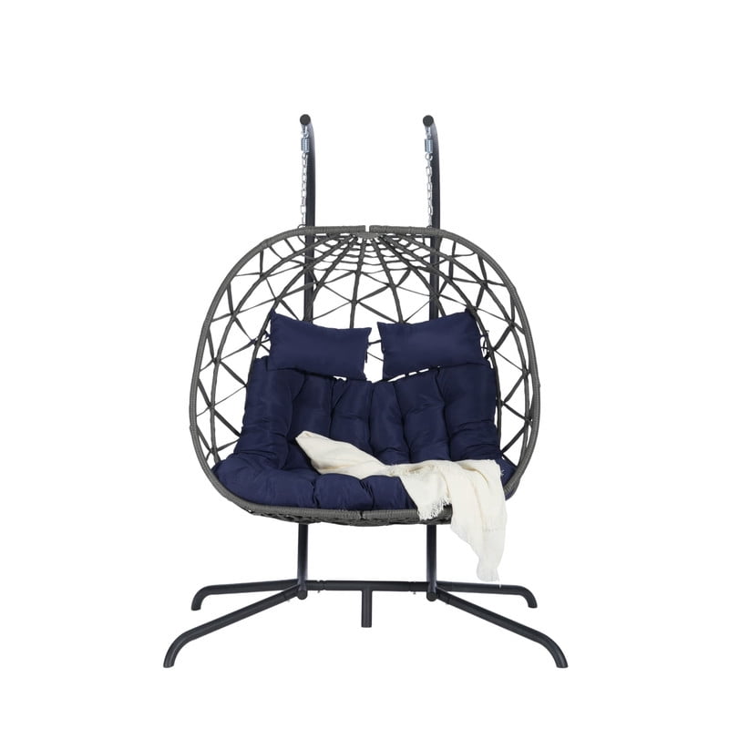 Double Swing Egg Chair with Stand, 2 Person Indoor Outdoor Wicker Loveseat, Oversized Patio Hanging Basket Chair with Cushions, Cozy Sturdy Porch Swing for Backyard