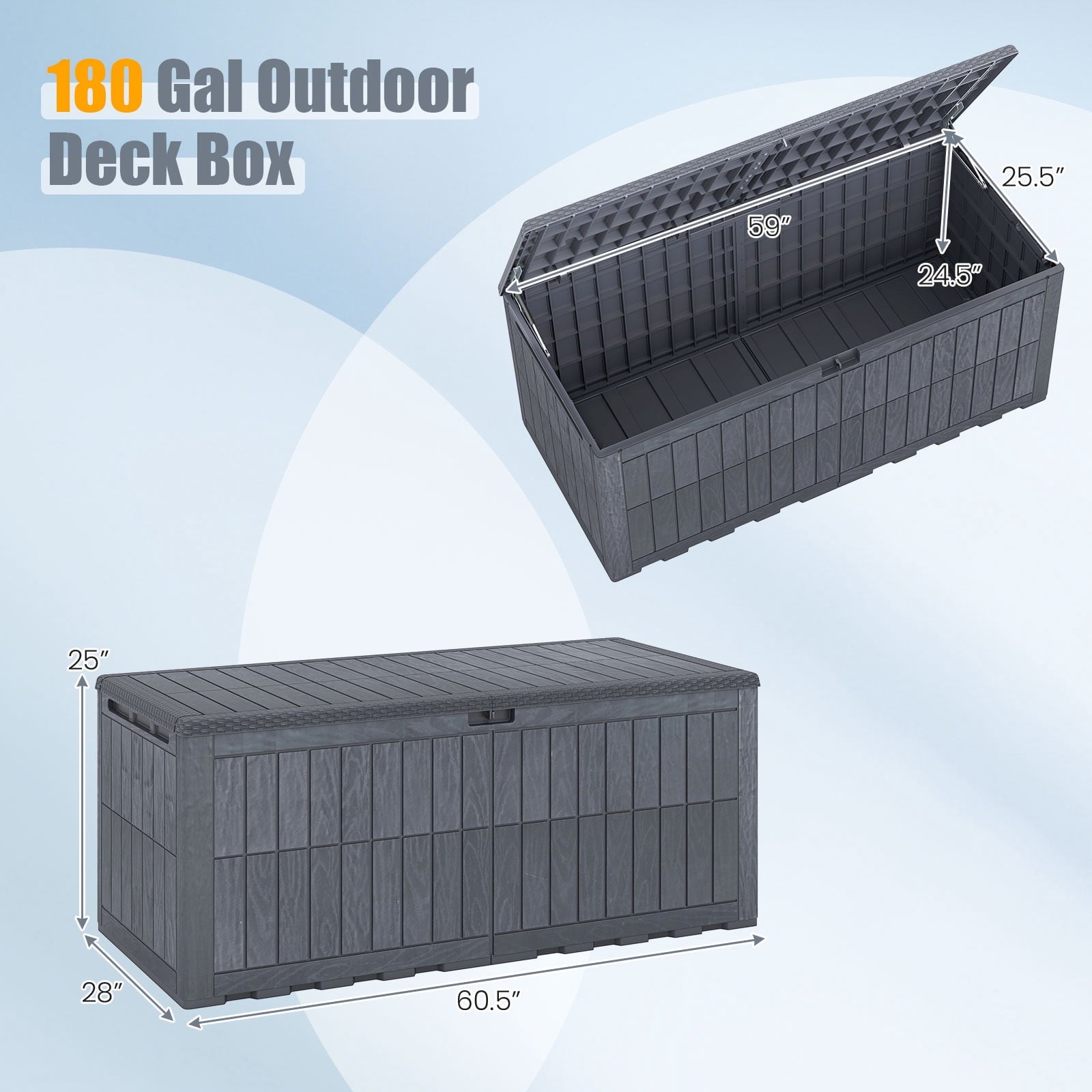 Costway 180 Gal Outdoor Deck Box, All-Weather Lockable Storage Bin with Lid and Handles Gray