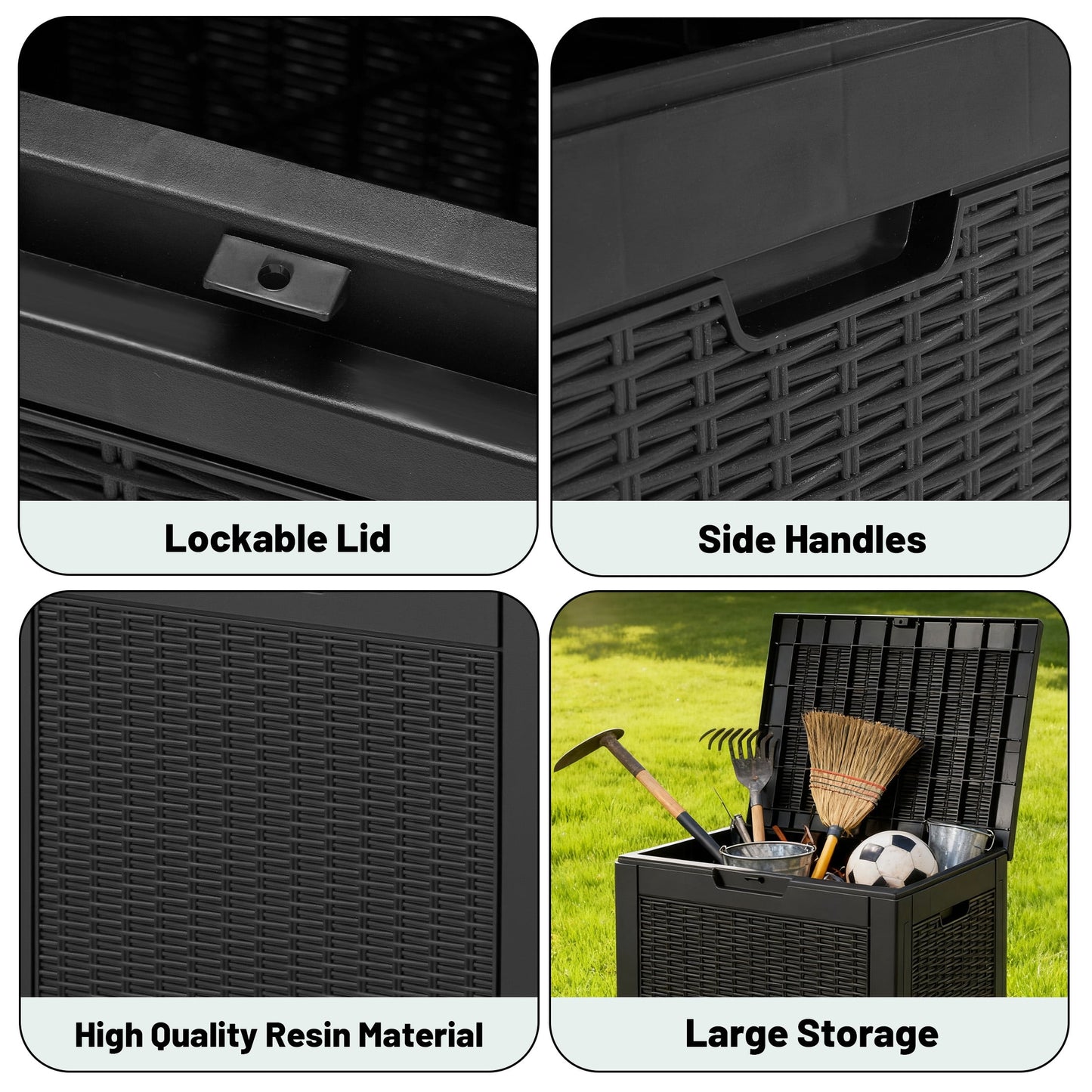 edx 31 Gallon Outdoor Storage Box, Wicker Pattern Resin Deck Box with Lockable Lid & Built-in Handles, 170 Lbs Capacity Storage Bench for Indoor/Outdoor Use, Black