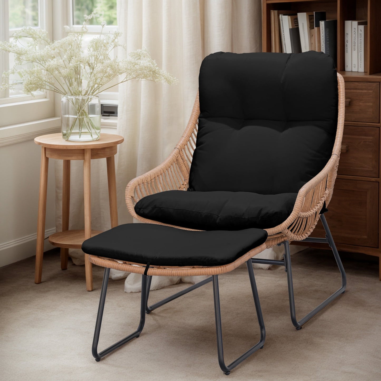 Tappio Wicker Papasan Egg Chair with Ottoman, Outdoor Patio Basket Lounge Chair Indoor Oversized Egg Lounger with Thick Cushion for Living Room Bedroom Balcony Porch, Black