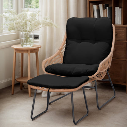 Tappio Wicker Papasan Egg Chair with Ottoman, Outdoor Patio Basket Lounge Chair Indoor Oversized Egg Lounger with Thick Cushion for Living Room Bedroom Balcony Porch, Black