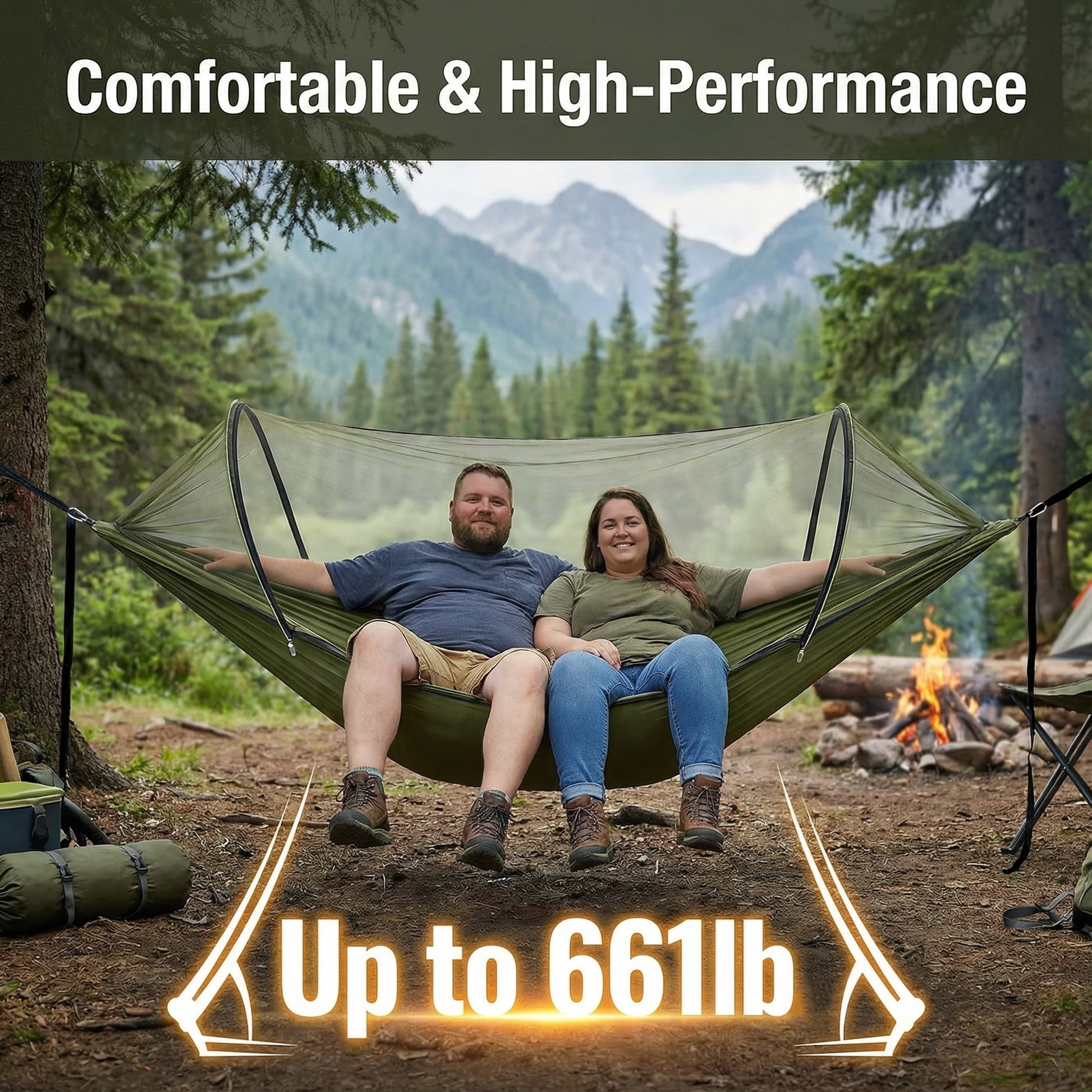 EZBY Camping Hammock with Net & Sunshade Tarp, 2 Person Portable Hammocks for Outside, 661lbs Max Load for Outdoor Camping Hiking Beach Park
