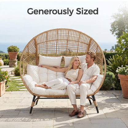 RADIATA Two Person Egg Chair with Ottomans Outdoor Wicker Patio Egg Chairs with Footrests for Indoor Bedroom Outside Porch Deck Backyard Garden (Beige,Oversized,Double)