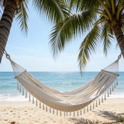 Oaskys Bohemian Style Hammock with Tassels – Handmade Rope Hammock with Wooden Spreader Bars, Heavy Duty Hanging Hammock for Outdoor Garden, Patio and Backyard