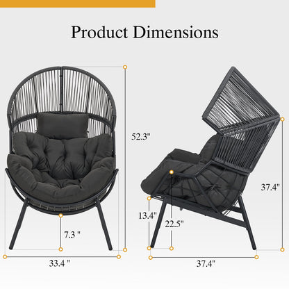 Dovov Oversized Egg Chair with Thick Cushion, Wicker Lounge Chair Rattan Patio Chair Indoor Outdoor Patio Lounger Basket Chair w/ Steel Frame, 500lbs Capacity, Gray