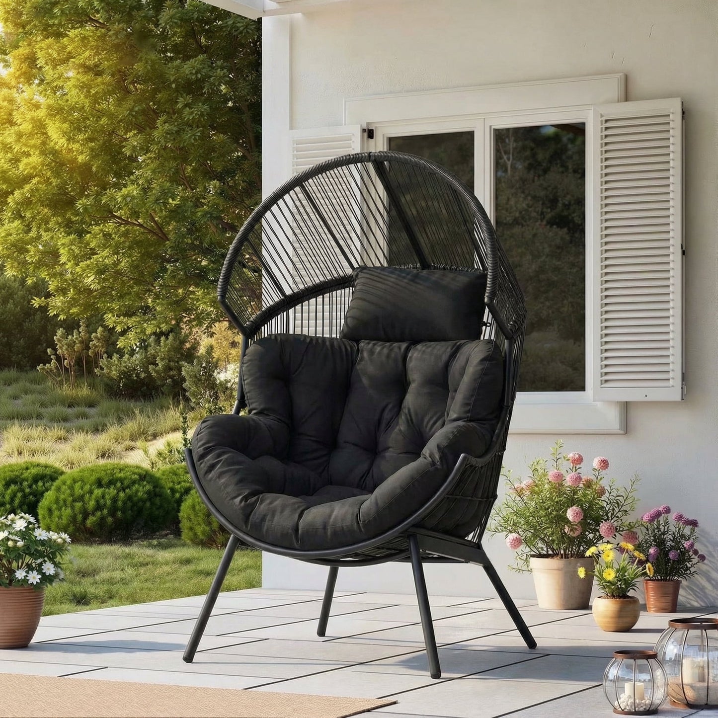 Dovov Oversized Egg Chair with Thick Cushion, Wicker Lounge Chair Rattan Patio Chair Indoor Outdoor Patio Lounger Basket Chair w/ Steel Frame, 500lbs Capacity, Gray
