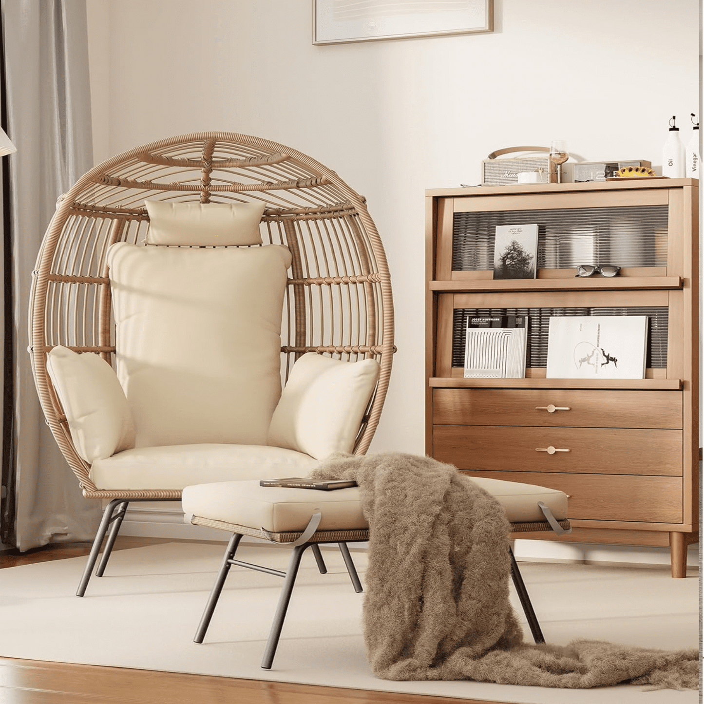 Wicker Egg Chair with Ottoman,Outdoor Indoor Large Egg Basket Lounge Recliner Chair with Thick Cushion for Patio Porch Backyard