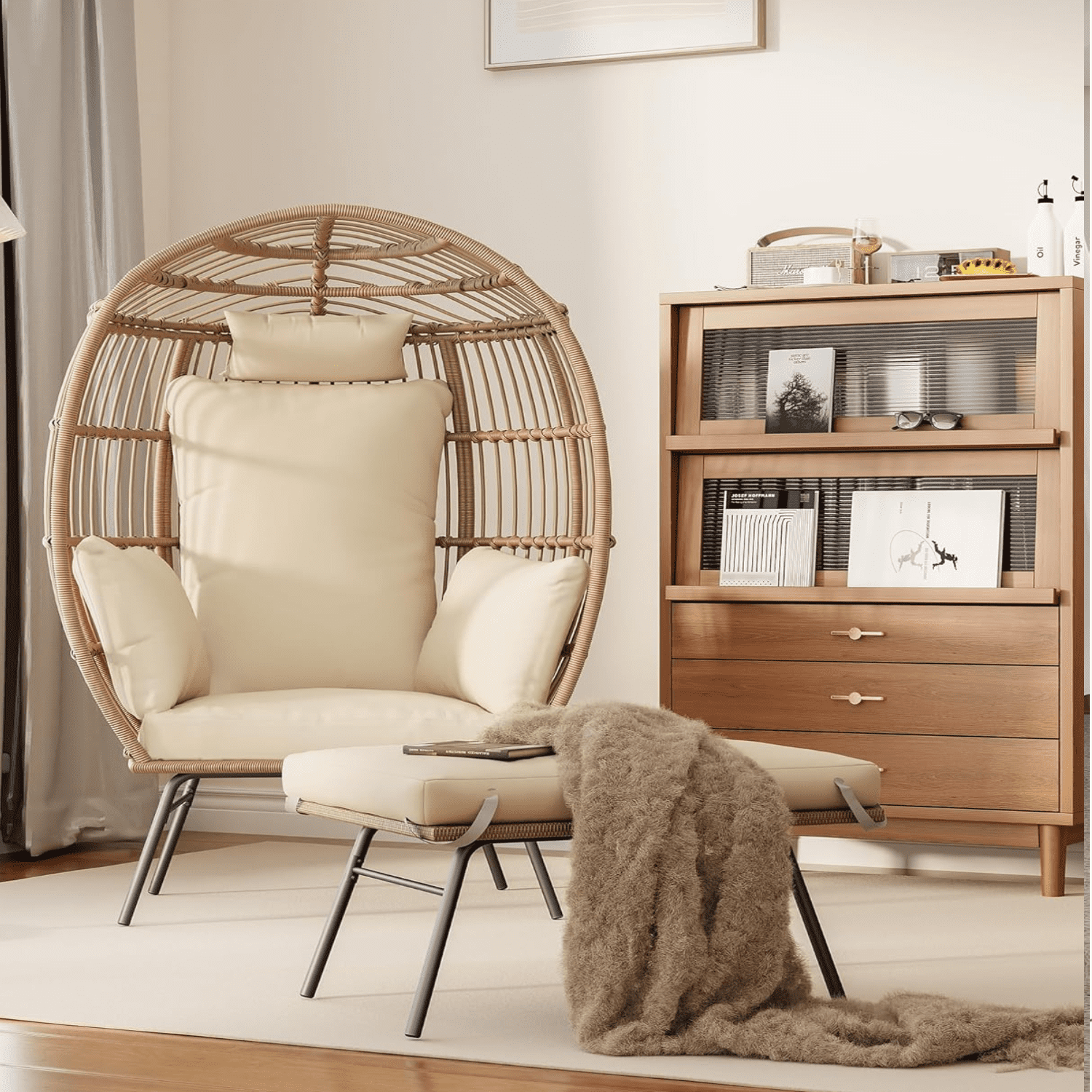 Wicker Egg Chair with Ottoman,Outdoor Indoor Large Egg Basket Lounge Recliner Chair with Thick Cushion for Patio Porch Backyard