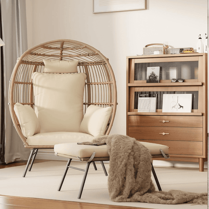 Wicker Egg Chair with Ottoman,Outdoor Indoor Large Egg Basket Lounge Recliner Chair with Thick Cushion for Patio Porch Backyard