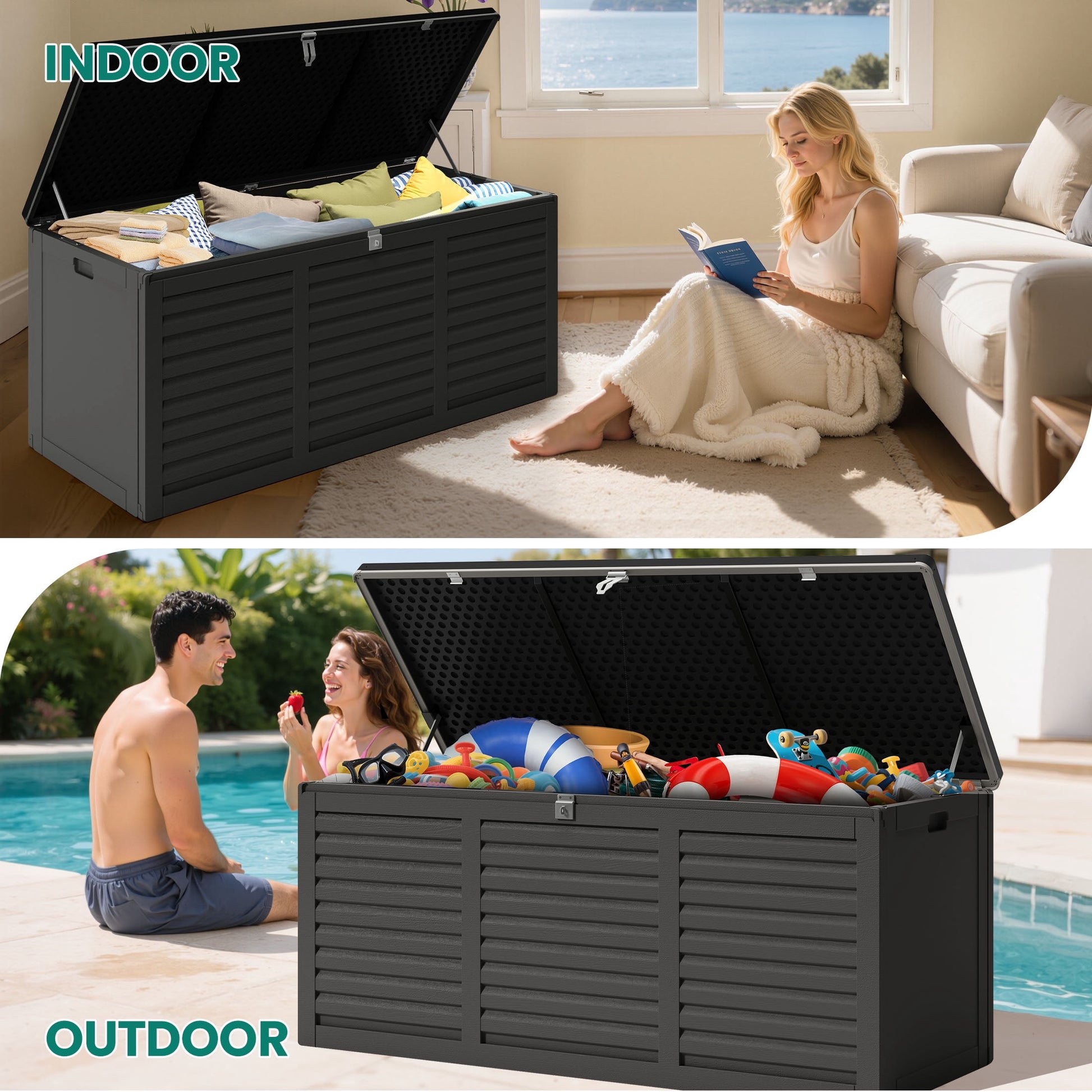 Seizeen 130 Gal Deck Box, Resin Storage Box, Waterproof Large Patio Lockable Deck Box for Outside Cushions, Pool Accessories, Throw Pillows, Garden Tools, Black