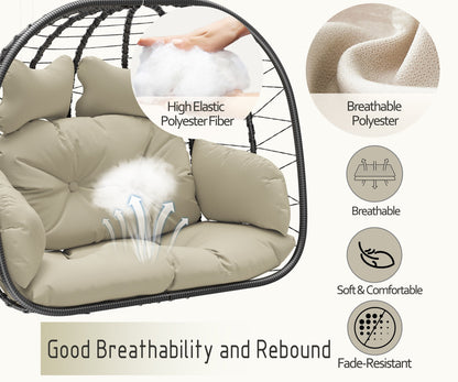 LHBcraft Double Wicker Swing Egg Chair Hammock Foldable Hanging Loveseat with Stand, UV Resistant Removable Cushions, 700LBS Capacity for Bedroom, Balcony (Black and Beige)