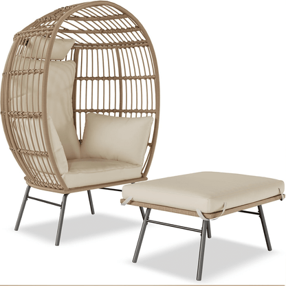Wicker Egg Chair with Ottoman,Outdoor Indoor Large Egg Basket Lounge Recliner Chair with Thick Cushion for Patio Porch Backyard