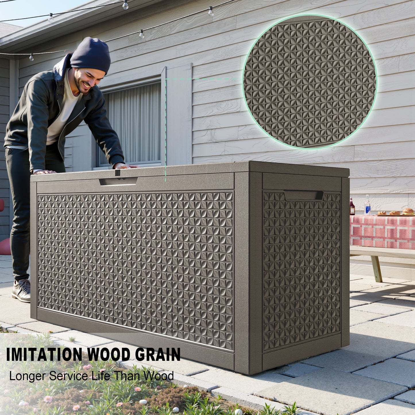 EasyUp 100 Gallon Resin Deck Box, Lockable Patio Outdoor Storage Box for Furniture, Garden Tools and Tools Storage, Waterproof Outside Storage Boxes