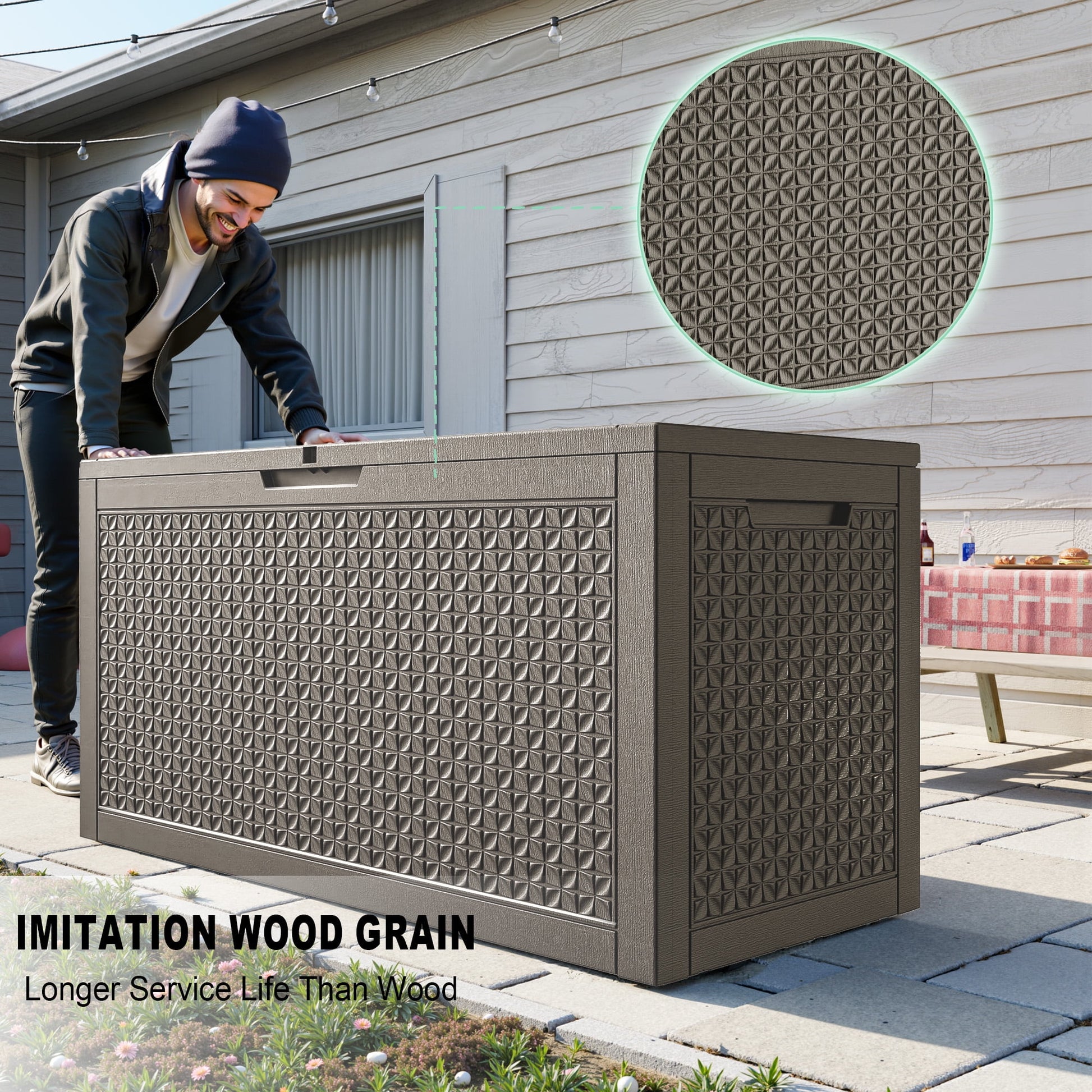 EasyUp 100 Gallon Resin Deck Box, Lockable Patio Outdoor Storage Box for Furniture, Garden Tools and Tools Storage, Waterproof Outside Storage Boxes
