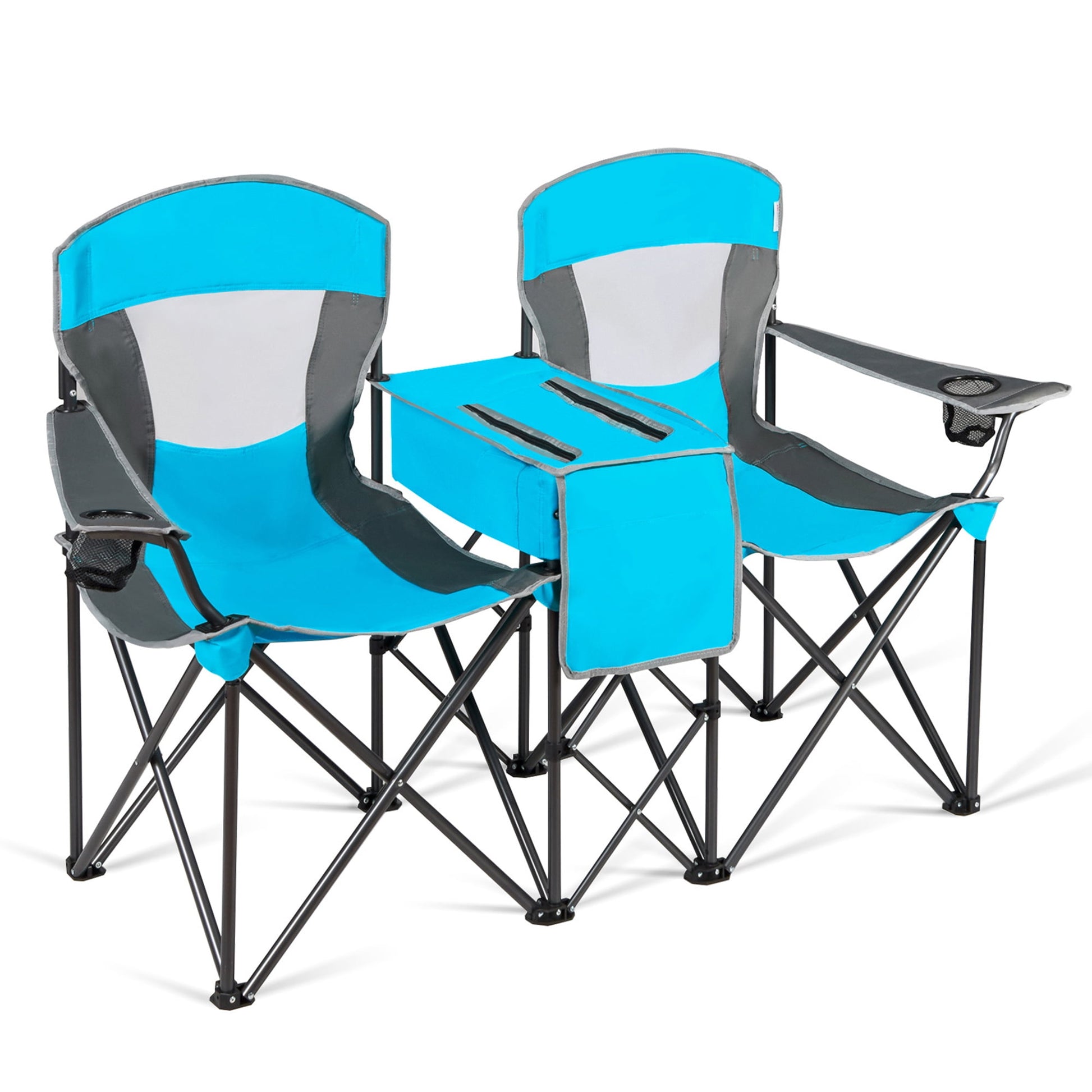 Gymax Folding 2-person Camping Chairs Double Sunshade Chairs w/ Canopy Patented Blue