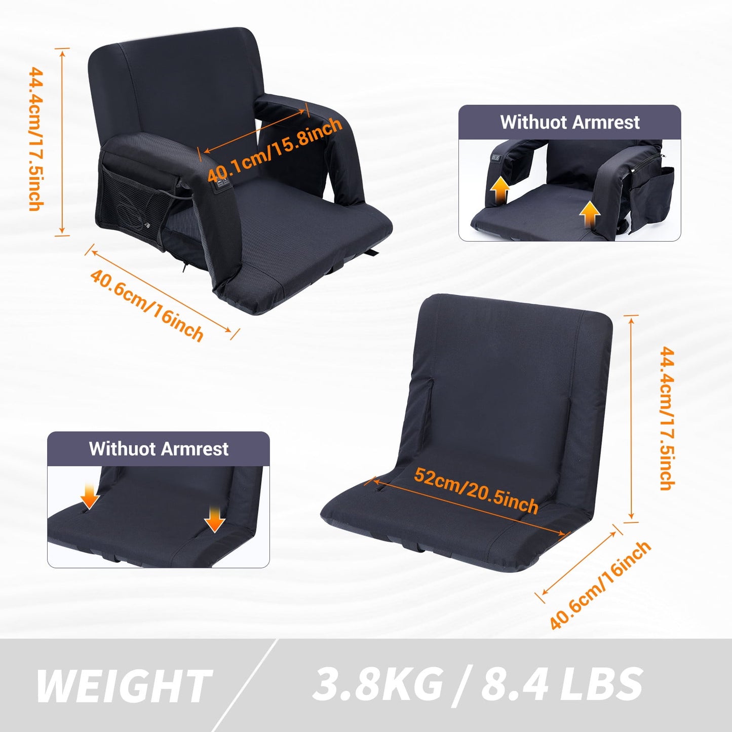 Heated Massage Stadium Seats, Floor Chair, Bleacher Chairs, Reclining Waterproof Cushion, Ultralight, Foldable, Extra Thick Padding, with Shoulder Straps & Side Pockets (Regular, Set of 1)
