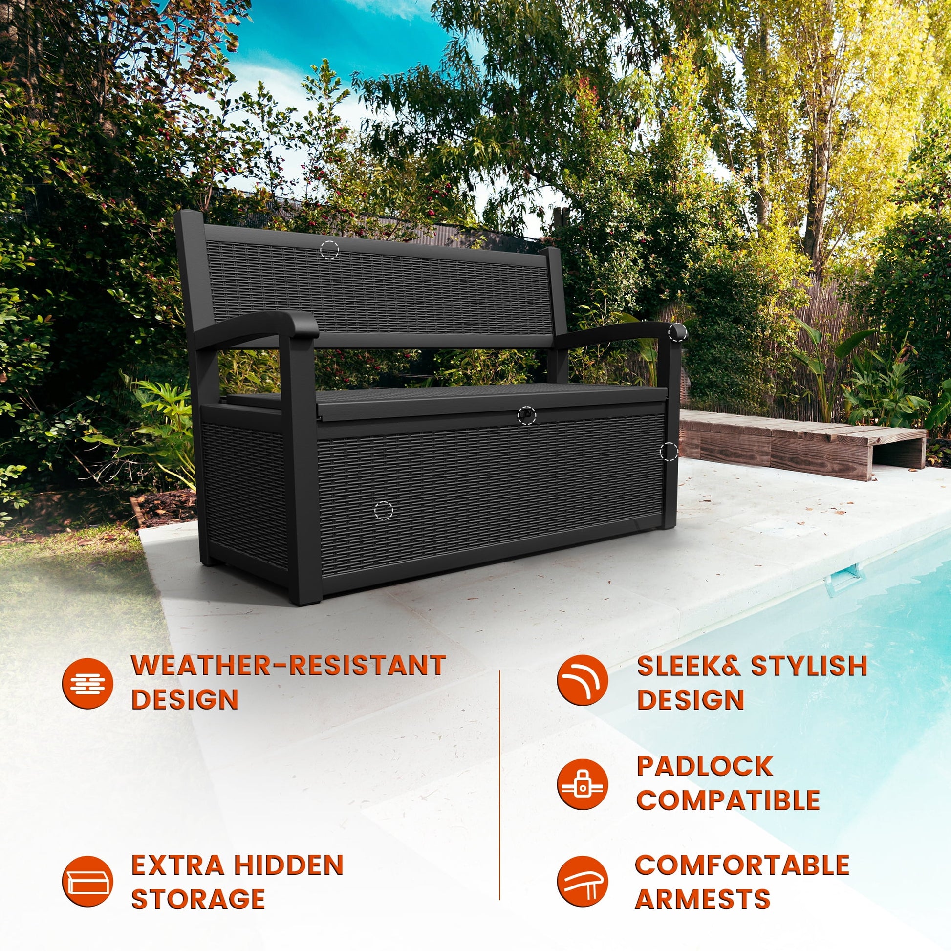 Nihsuao 80 Gallon Plastic Storage Bench Made of Durable Weatherproof Resin, Deck Box Lockable Storage Compartment for Outdoor Patios & Lawns, Black