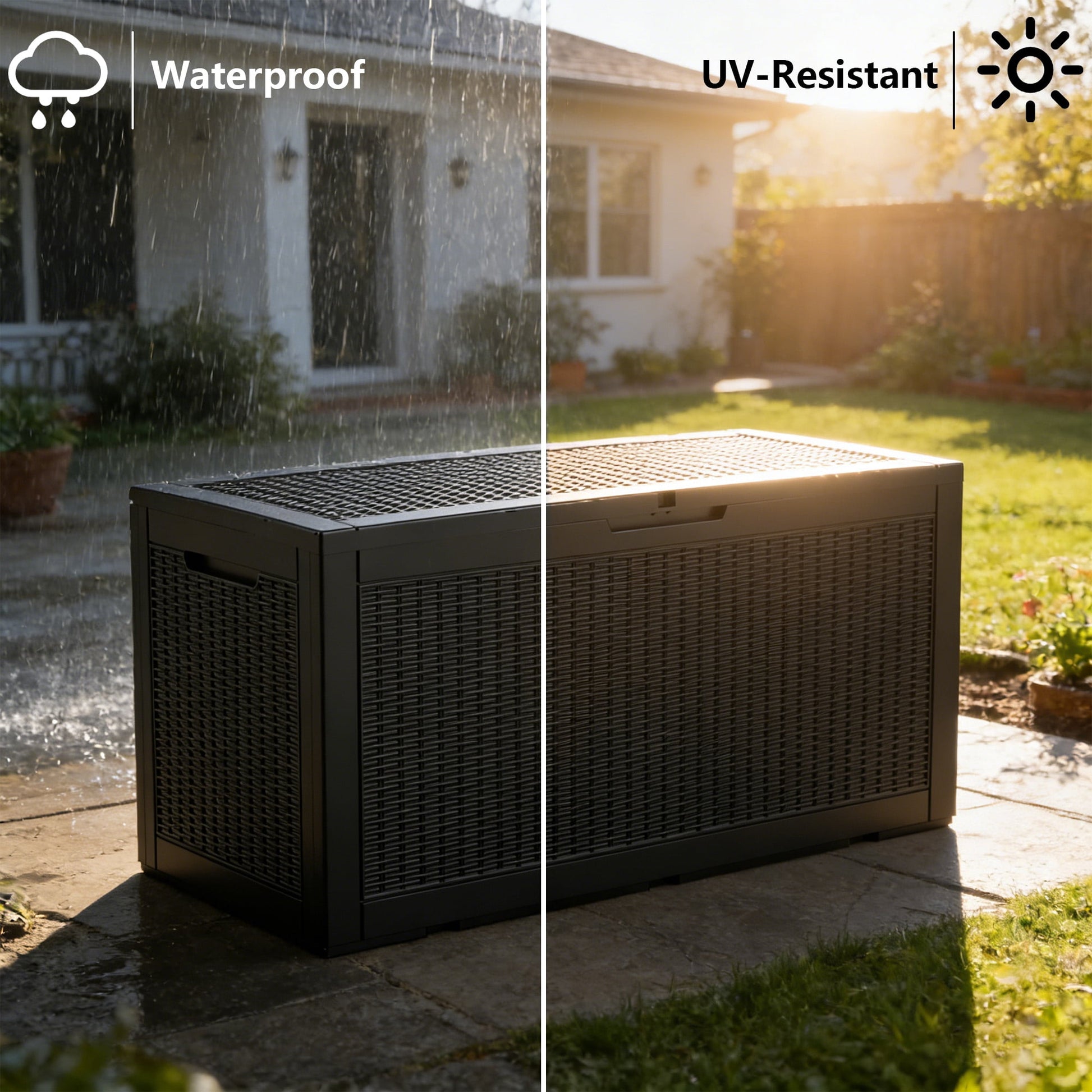 Decksplore 100 Gallon Lockable Resin Deck Box, Waterproof & Outdoor Storage Box for Outdoor Cushion Storage and Outdoor Delivery Storage, Black