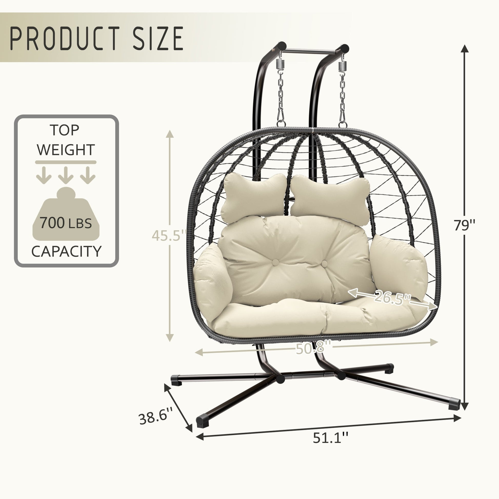 LHBcraft Double Wicker Swing Egg Chair Hammock Foldable Hanging Loveseat with Stand, UV Resistant Removable Cushions, 700LBS Capacity for Bedroom, Balcony (Black and Beige)