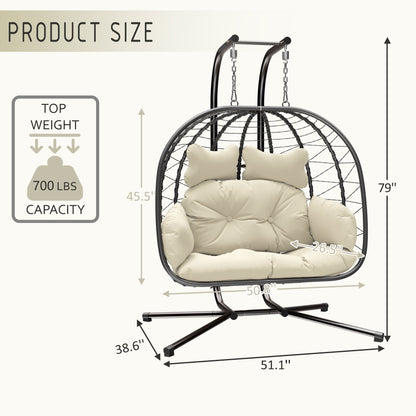 LHBcraft Double Wicker Swing Egg Chair Hammock Foldable Hanging Loveseat with Stand, UV Resistant Removable Cushions, 700LBS Capacity for Bedroom, Balcony (Black and Beige)