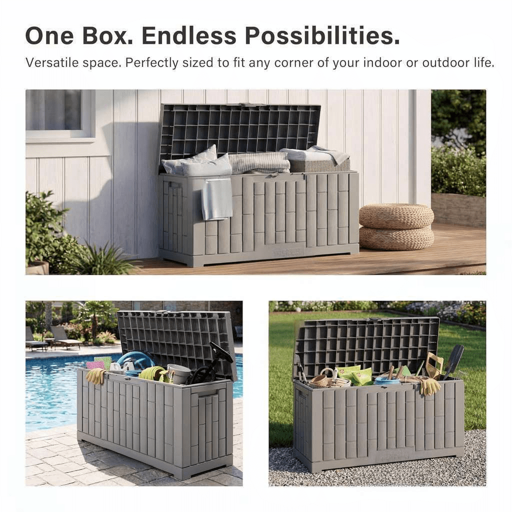 60 Gallon Waterproof Resin Outdoor Storage Box with Lock, UV Resistant, Grey