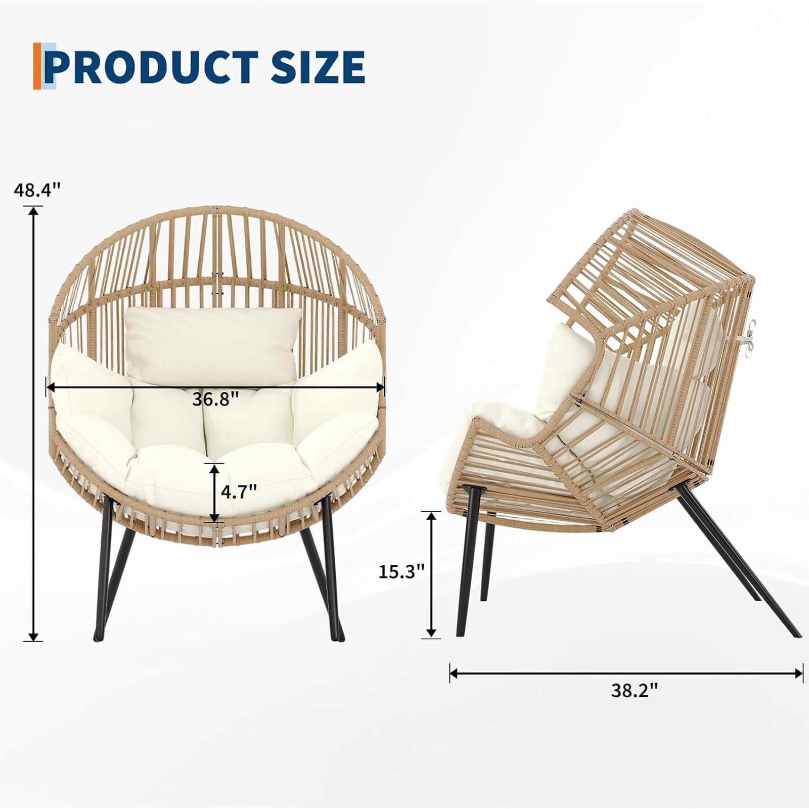 CazToi Indoor Outdoor Wicker Egg Chair, Oversized Lounge Rocker, Rattan Patio Lounge Chair with Pillow & Cushion