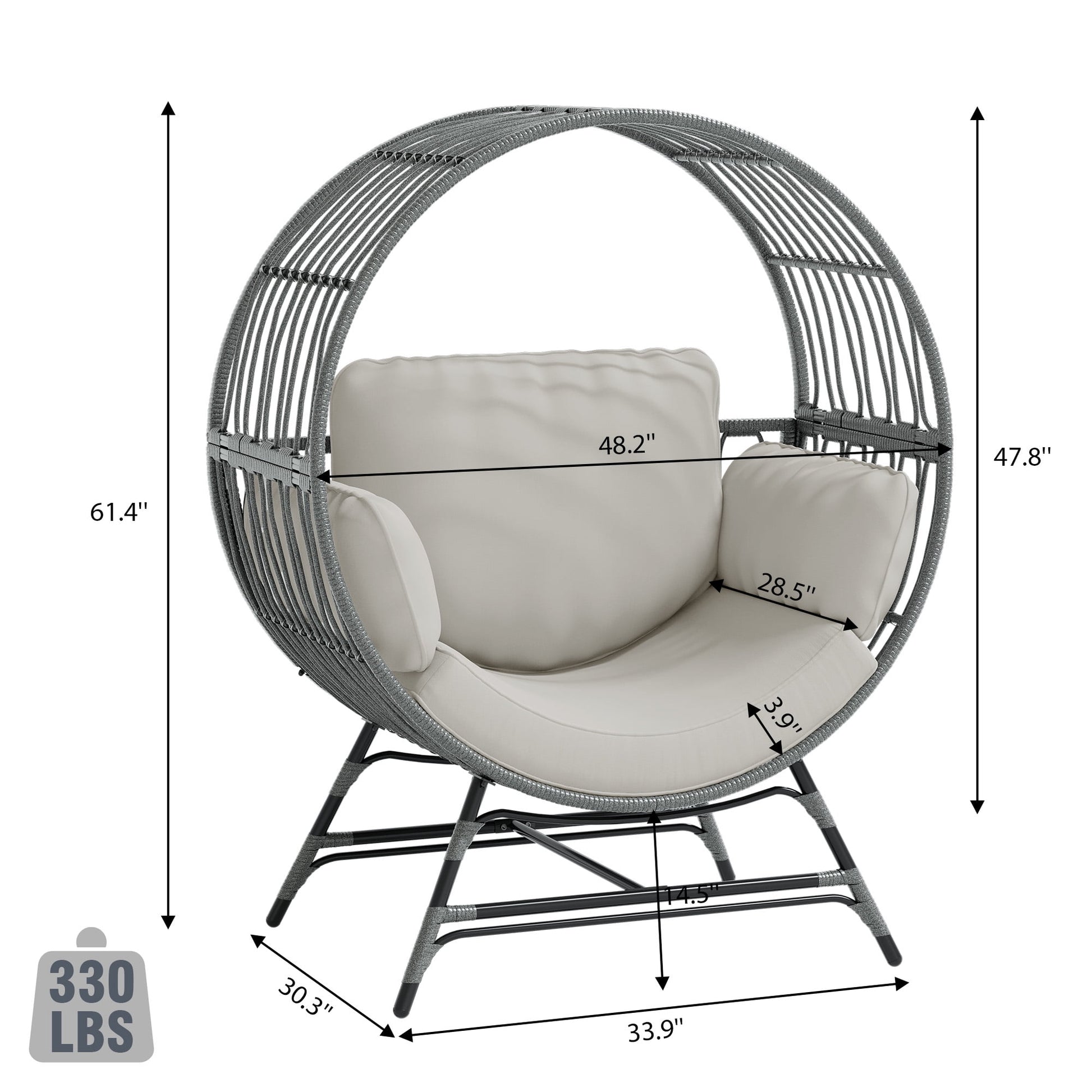 Wicker Round Egg Chair, Oversized Indoor Outdoor Lounger for Patio Living Room, w/ 4 Cushions, Steel Frame, 330lbs Capacity(GR-LR)