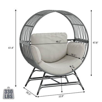 Wicker Round Egg Chair, Oversized Indoor Outdoor Lounger for Patio Living Room, w/ 4 Cushions, Steel Frame, 330lbs Capacity(GR-LR)