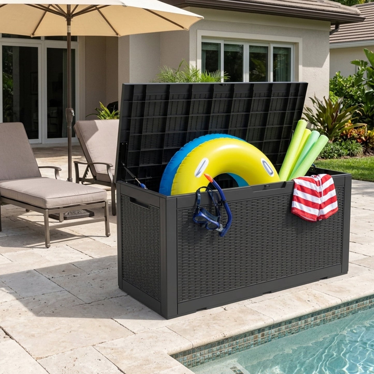 Decksplore 100 Gallon Lockable Resin Deck Box, Waterproof & Outdoor Storage Box for Outdoor Cushion Storage and Outdoor Delivery Storage, Black