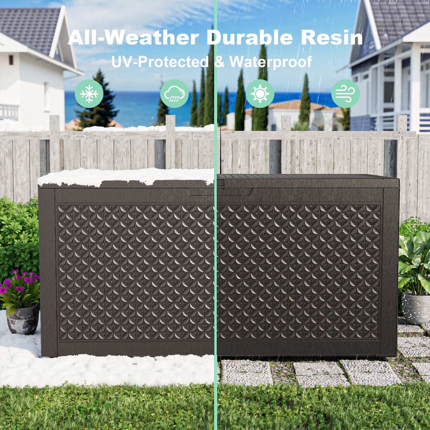 EasyUp 100 Gallon Resin Deck Box, Lockable Patio Outdoor Storage Box for Furniture, Garden Tools and Tools Storage, Waterproof Outside Storage Boxes