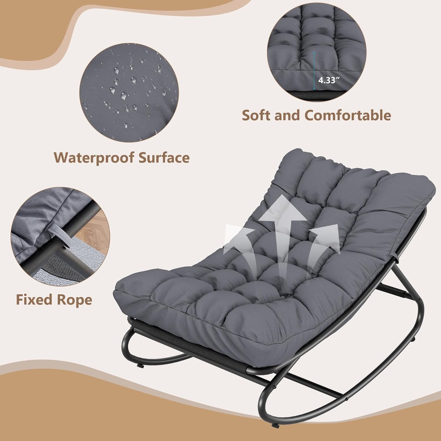 Outdoor Lounge Chairs, Papasan Rocking Chair, Oversized Egg Chair with Adjustable Tilt & Removable Cushion, 450 Lbs Capacity Rust-Proof Steel Frame for Patio, Porch, Poolside, Gray