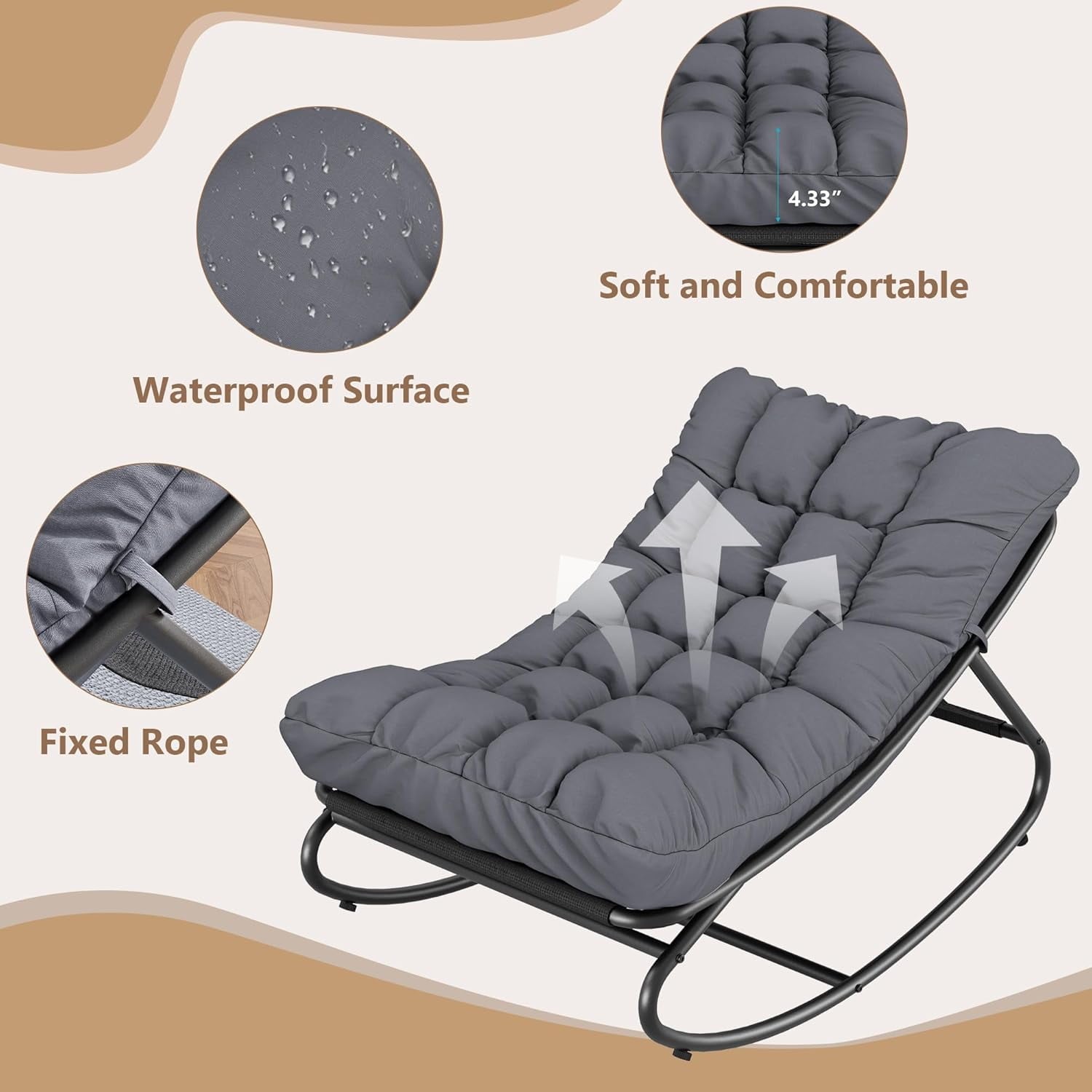 Outdoor Lounge Chairs, Papasan Rocking Chair, Oversized Egg Chair with Adjustable Tilt & Removable Cushion, 450 Lbs Capacity Rust-Proof Steel Frame for Patio, Porch, Poolside, Gray