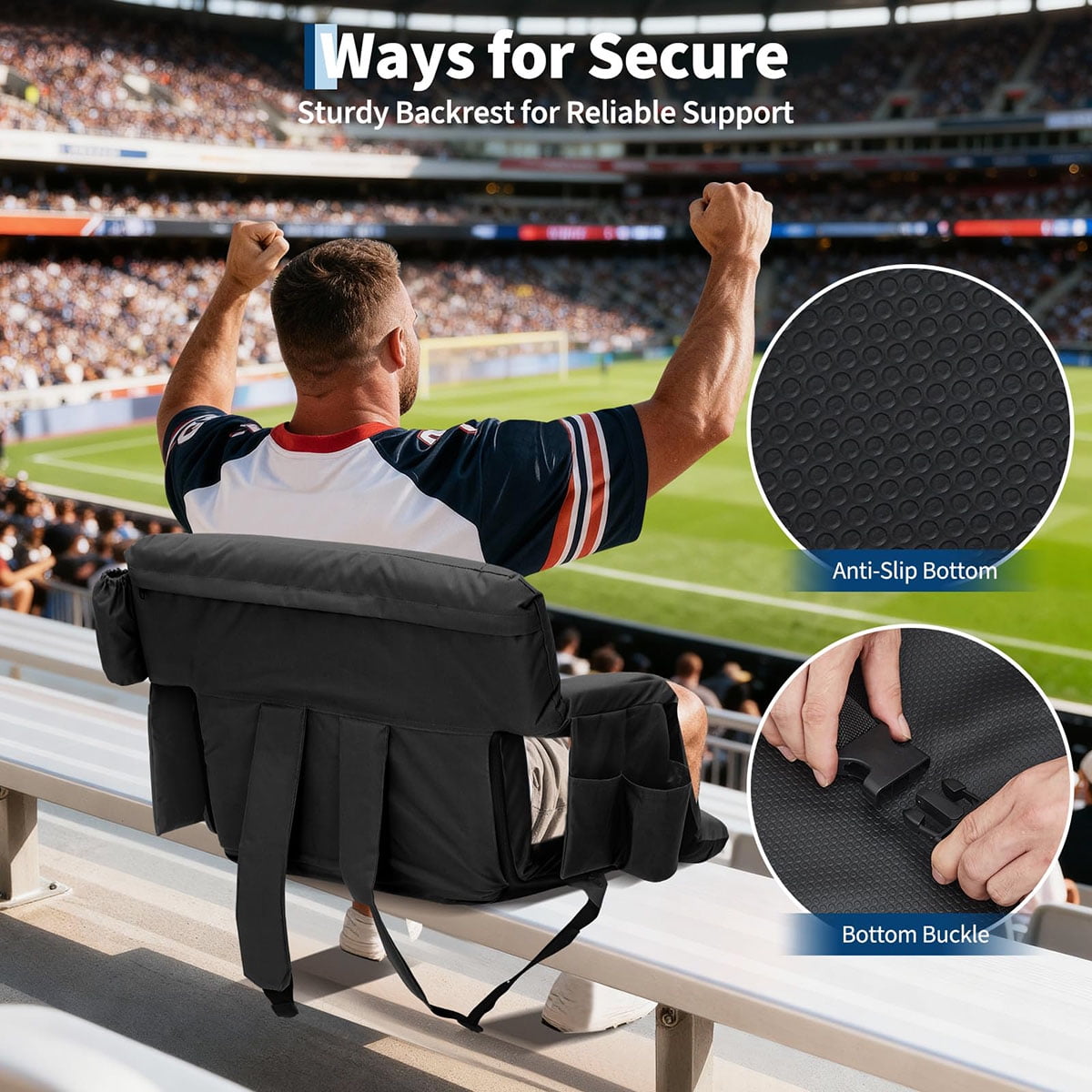 Danolapsi 2 Pack Wide Bleacher Seats with Back Support, 6-Position Reclining Stadium Chairs with Adjustable Armrests, Cup Holder & Pockets, Portable Folding Chairs for Sports, Concerts