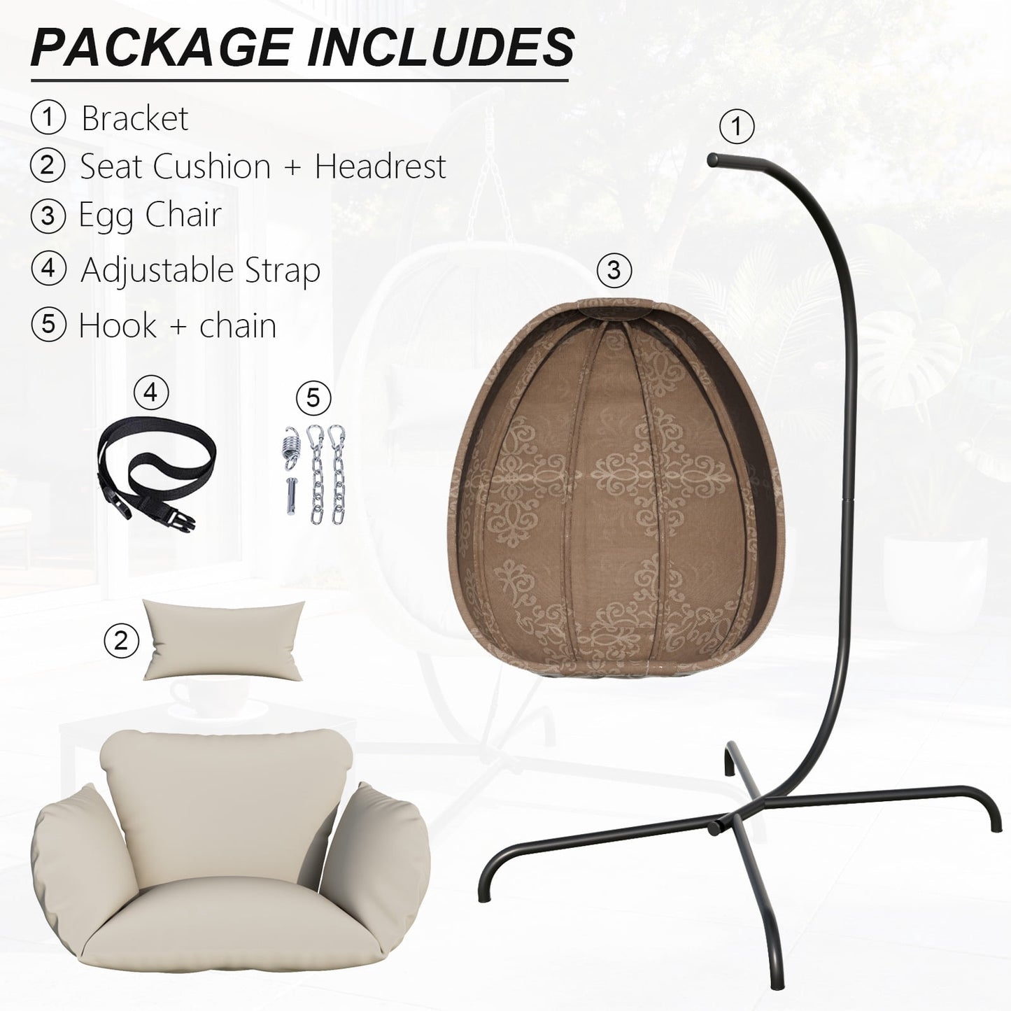 ALAULM Foldable Egg Chair with Stand, 485LBS Capacity Textilene Hammock Swing Chair for Outdoor & Indoor, Patio Hanging Chair with Strong Frame & UV Resistant Cushion for Balcony, Bedroom, Cream/D2