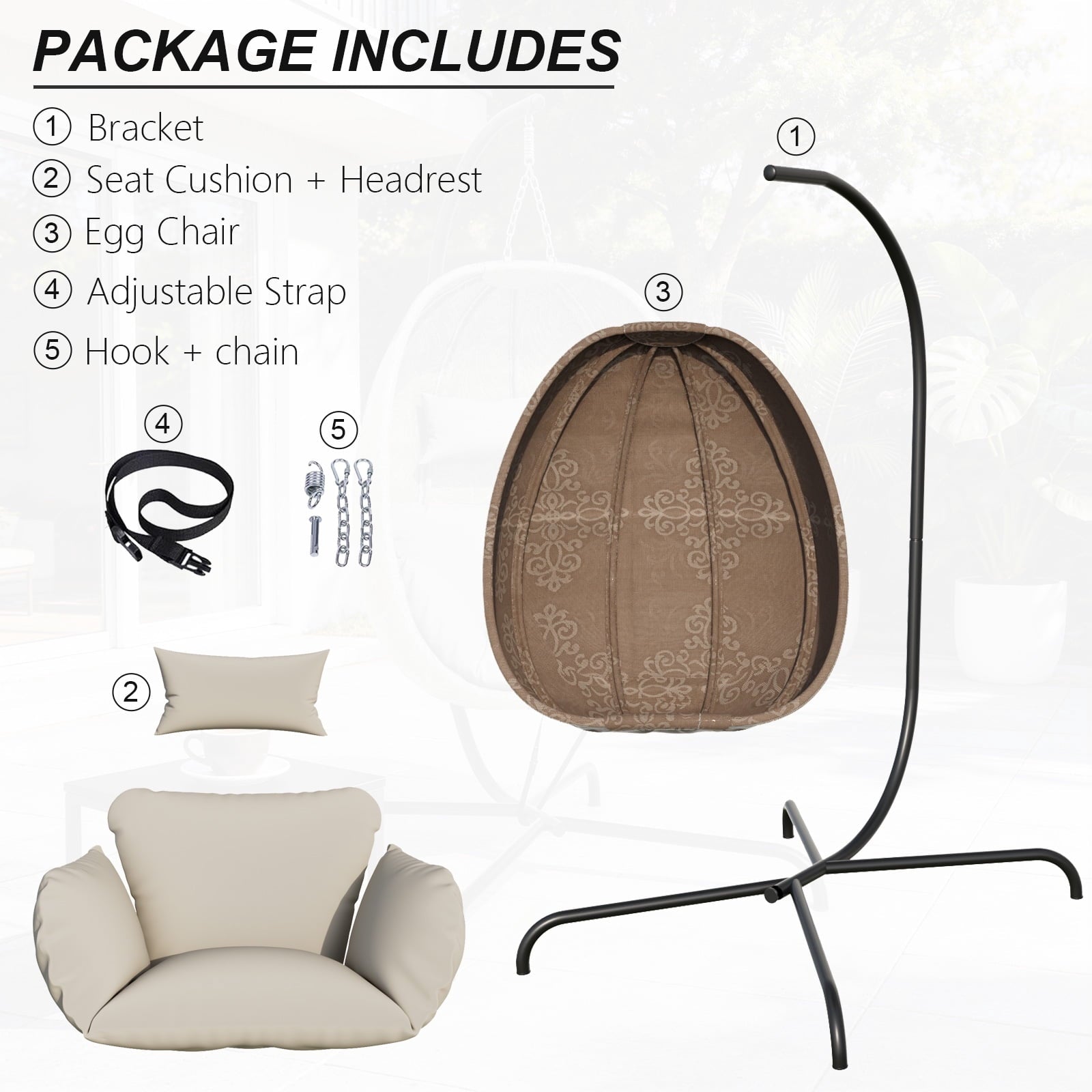 ALAULM Foldable Egg Chair with Stand, 485LBS Capacity Textilene Hammock Swing Chair for Outdoor & Indoor, Patio Hanging Chair with Strong Frame & UV Resistant Cushion for Balcony, Bedroom, Cream/D2