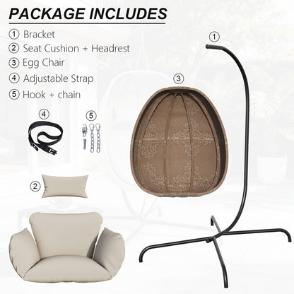 ALAULM Foldable Egg Chair with Stand, 485LBS Capacity Textilene Hammock Swing Chair for Outdoor & Indoor, Patio Hanging Chair with Strong Frame & UV Resistant Cushion for Balcony, Bedroom, Cream/D2